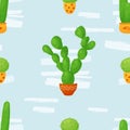 Seamless pattern with cacti. Indoor flowerpot tropical prickly cactus in pot on light blue background. Vector Royalty Free Stock Photo