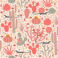 Seamless pattern with cacti and lizards. Vector graphics