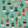 Seamless pattern with cacti in pots. Vector illustration