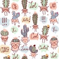 Seamless pattern with cacti in retro colors. Cute children characters with different words. Wallpaper, wrapping paper