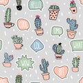 Seamless pattern with cacti and speech bubbles with different words. Cute home plants. Flat cartoon vector in light