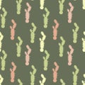 Seamless pattern of cacti and succulents . Cute Doodle style hand-drawn plants on a green background. Vector