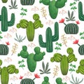 Seamless pattern with, cacti, succulents and floral elements.