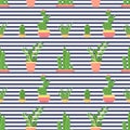 Seamless pattern of cacti and succulents in pots. Flat design cactus isolated on striped background.