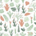 Seamless pattern with cacti, succulents and tropical leaves. Mammilia prickly pear haworthia hathira aloe palm monstera hibiscus.