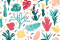 Seamless pattern with cacti succulents and tropical leaves. Mammilia prickly pear haworthia hathira aloe palm monstera hibiscus.