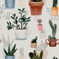 seamless pattern with cacti. Watercolor pattern with indoor plants Green seamless background. Watercolor twigs