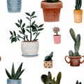 seamless pattern with cacti. Watercolor pattern with indoor plants Green seamless background. Watercolor twigs