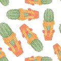 Seamless pattern of cactus characters painted in watercolor