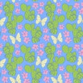 Seamless pattern cactus with flowers butterflies sketch, navy blue contour green pink white on aqua background. simple ornament, Royalty Free Stock Photo