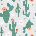 Seamless pattern with cactus, flowers, grass.