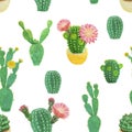 Seamless pattern of cactus succulent plant water color hand sketch painting, collection of various green color and spike tropical