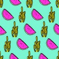 Seamless pattern. Cactus and Watermelon background. Use for t-shirt, greeting cards, wrapping paper, posters, fabric Royalty Free Stock Photo