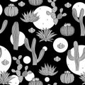 Seamless pattern with cactus. Wild cactus forest with doodle circles. Stylish grey, black, and white palette