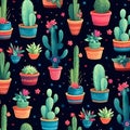 Seamless pattern with cactuses in pots. Vector illustration