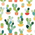 Seamless pattern with cactuses in pots on white background. Colorful vector illustration Royalty Free Stock Photo