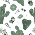 Seamless Pattern Cactuses succulent strokes hand-painted illustration on white background Exotic desert plant. Inroom