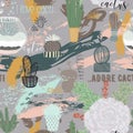 Seamless pattern with cactuses, succulents, brush strokes and typography elements. Abstract patchwork background.