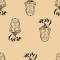 Seamless pattern with Cairo label with hand drawn Sphinx, lettering Cairo on beige background Royalty Free Stock Photo