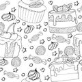 Seamless pattern with cake, cupcake, candy and other dessert with berry