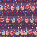 Seamless pattern with a cake decorated with cream, berries, a candle and a sparkler. Birthday muffin background. Festive