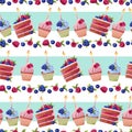 Seamless pattern with a cake decorated with cream, berries, a candle and a sparkler. Birthday muffin background. Festive