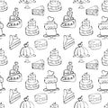 Seamless pattern of cake drawn by the black line in the vector. Tiered birthday cake, piece of cake. Continuous line