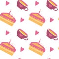 Seamless pattern of cake slices with candles, heart cups, and hearts Royalty Free Stock Photo