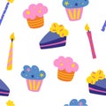 Seamless pattern with cakes and candles. Cute birthday print. Party and birthday decorative items. Presents and gifts festive