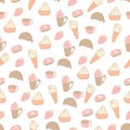 Seamless pattern with cakes and coffee. Sweets and cups with a drink. Vector. Hand-drawn in doodle style