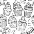 Seamless pattern with Cakes and cupcakes, black and white