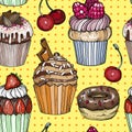 Seamless pattern with Cakes and cupcakes, chocolate dessert, bakery colorful, pop art design
