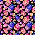 Seamless pattern of cakes, cupcakes, marshmallows in watercolor on black background. Hand-drawn. Illustration of sweets. Royalty Free Stock Photo