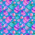 Seamless pattern of cakes, cupcakes, marshmallows in watercolor. Hand-drawn. Illustration of sweets. Background for packaging, Royalty Free Stock Photo