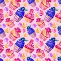 Seamless pattern of cakes, cupcakes, marshmallows in watercolor on pink background. Hand-drawn. Illustration of sweets. Background