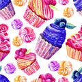 Seamless pattern of cakes, cupcakes, marshmallows in watercolor on white background. Hand-drawn. Illustration of sweets. Royalty Free Stock Photo