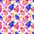 Seamless pattern of cakes, cupcakes, marshmallows in watercolor on white background. Hand-drawn. Illustration of sweets. Royalty Free Stock Photo