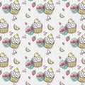 Seamless pattern with cakes and fruits
