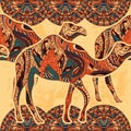 Seamless pattern with camel decorated with oriental ornaments and Egypt colorful floral ornament on grunge background. Royalty Free Stock Photo