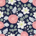 Seamless pattern with camellias, eucharis lily, dusty miller, silver dollar eucalyptus and silver brunia.