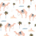 Seamless pattern with camels in desert. Creative scandinavian style kids texture for fabric, wrapping, textile, wallpaper, apparel