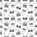 Seamless pattern with camera, calendar, envelope. Hand painted watercolor illustration isolated on white. Black and white template