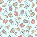 Seamless pattern with camera, hat, handbag, skirt, top, and flip-flops.