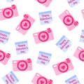 Seamless pattern of camera and sticker with inscription for the wedding or Valentine`s Day