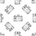 Seamless pattern with cameras in quilling style. Black-and-white vintage background for photography. Art design in line