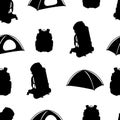 Seamless pattern with camping equipment backpacks and tents, black silhouettes on a white background. Suitable for textile