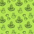 Seamless pattern of camping gear elements. Fire, pot. Vector elements. Royalty Free Stock Photo