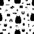 Seamless pattern with camping gear and equipment, black silhouettes on a white background. Design suitable for textile, wallpaper