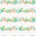 Watercolor geometric seamless pattern background with flowers, succulents and cactus