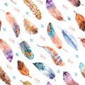 Watercolor seamless pattern with feathers on white background
